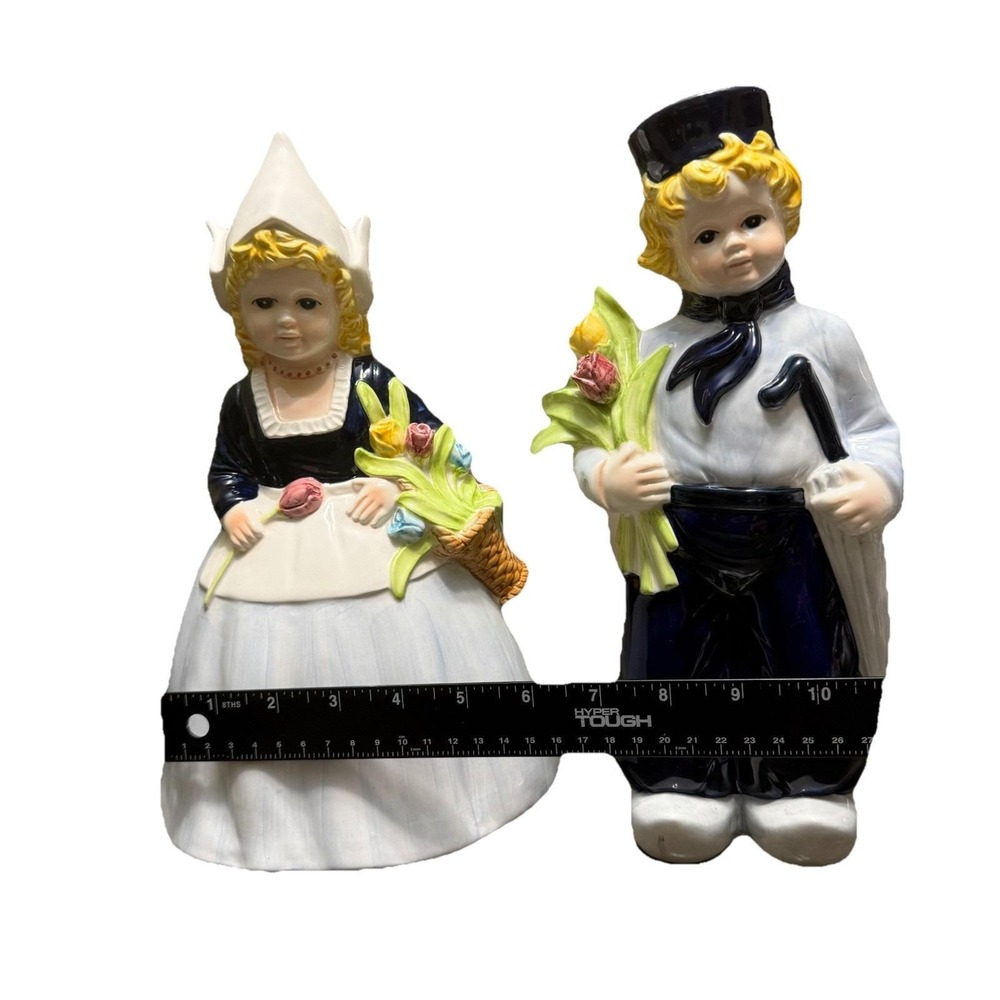 Delft Blue Hand Painted Dutch Girl & Boy Figurines 12" Vintage White & Blue - Picture 10 of 11